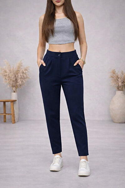 Lighter Jeans Kadın Lacivert Yüksek Bel Kumaş Pantolon Dar Paça Şık Ofis Günl...