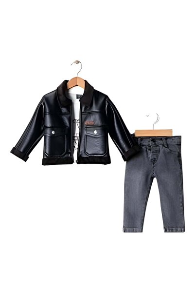 gültekin bebe CanÖz Bebe Erkek Deri Ceketli 3 LÜ Takım 1-4 Yaş-3689863 - SİYAH