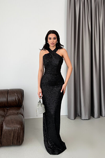 Serica Moda Black Backless Sequined Long Evening Dress