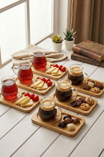 HUBBYCHEF 6lı Bambu Servis Tabaklı Çay Kahve Bardağı 150ml