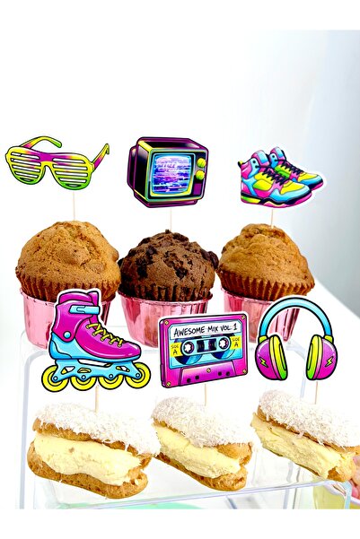 Flu Party زينة الكب كيك على طراز الثمانينات - مجموعة زينة الكب كيك بتصميم كلا...