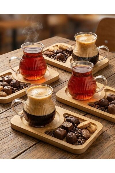 HUBBYCHEF 6lı Bambu Servis Tabaklı Çay Kahve Bardağı 150ml
