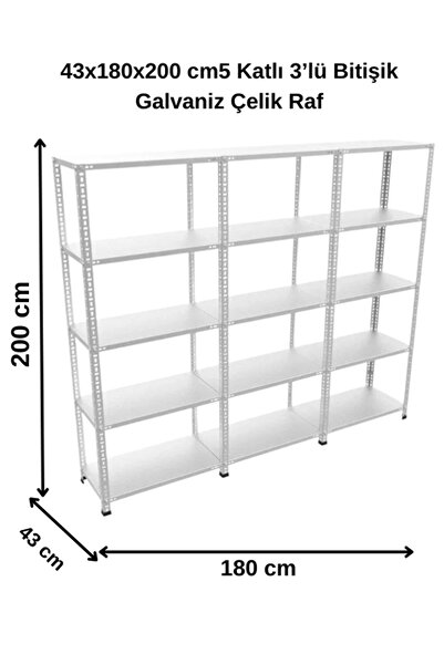 ALANRAF 43x180x200 cm 5 Katlı 3’lü Bitişik Galvaniz Çelik Raf. Depo, Dosya Rafı