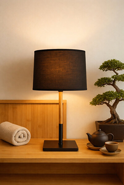 N.zone مصباح طاولة أسود عصري مع حامل خشبي لإضاءة المكتب المنزلي أو غرفة النوم