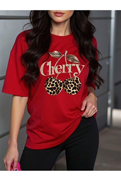 uyguntarz Unisex Leopard Patterned Cherry Printed Design Tshirt