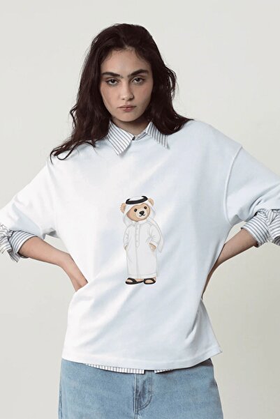 The Champ Clothing Tricou oversize pentru femei Qatari Bear, alb cu imprimeu ...