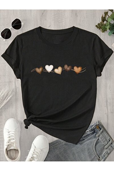 uyguntarz Unisex Sıralı Kalpler Baskılı Tasarım Tshirt