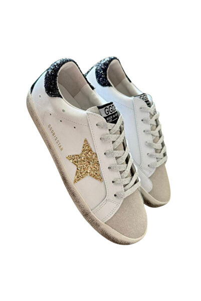Motif Trend Exclusive Women White Leather Sneaker Gold Glitter Star Dark Heel...