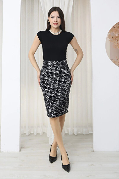 lodmela Φούστα μίντι με σχέδιο ράμφους κοτόπουλου με στάμπα φλοκ 6074-Μαύρο/Λ...