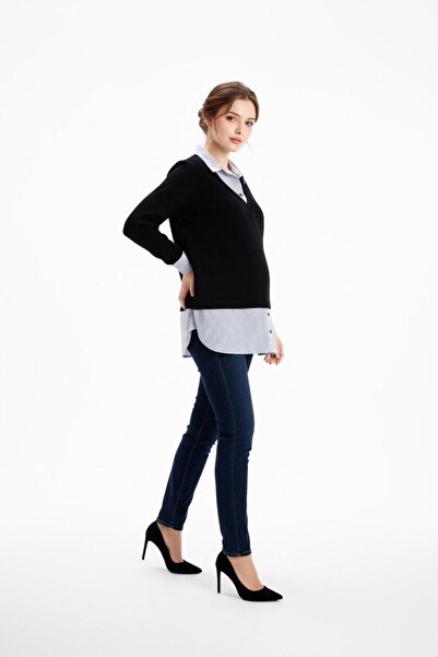 Entarim Pregnant Shirt Collar Knitted Striped Tunic