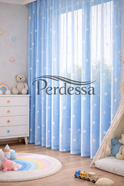 Perdessa Mavi Yıldızlı Erkek Çocuk Odası Tül Perde Kullanıma Hazır Yıldız Mot...