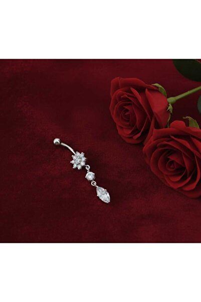 Simge Gümüş 925 Ayar Gümüş Zirkon Taşlı Papatya Göbek Piercig Ebatı 3cm