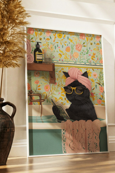 Yoko Home Ahşap Çerçeveli Tablo, Küvette Gazete Okuyan Kedi, Eğlenceli Modern Banyo, Oda, Ofis Duvar Tablosu