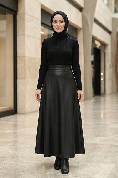 FERHEL Fusta evazată din piele artificială pentru femei - neagră