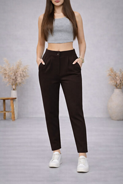 Lighter Jeans Kadın Acı Kahve Kumaş Pantolon Yüksek Bel Dar Paça Şık Günlük O...