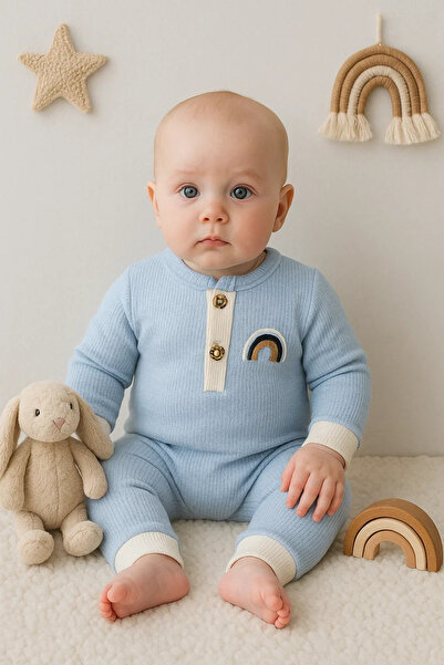 Generic Brand Waffle Rainbow Embroidered Baby Boy Jumpsuit