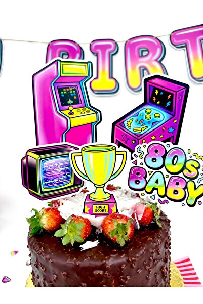 Flu Party زينة الكيك على طراز الثمانينات - زينة الكيك بتصميم الأركيد والنيون