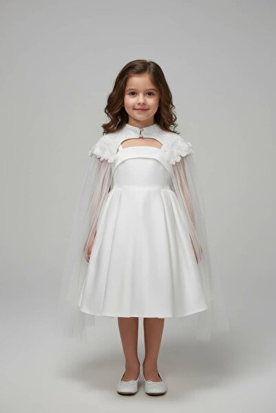 SIRRI Rochie de seara alba pentru fete cu pelerina, 2 piese (rochie + pelerin...