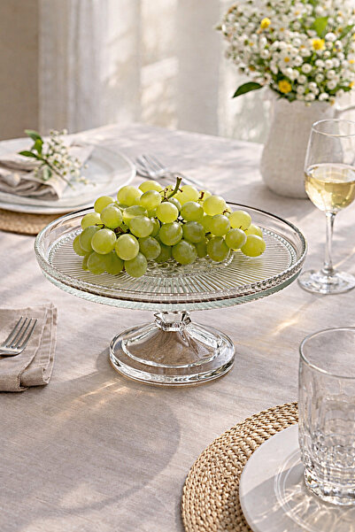 WuuQ 21 cm Cam Ayaklı Sunumluk – Desenli Şeffaf Pasta & Tatlı Servis Tabağı