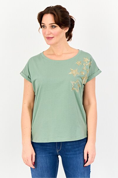Amara Reya Women Round Neck Cuffed Sleeve Sequins T-shirt, Green Bay