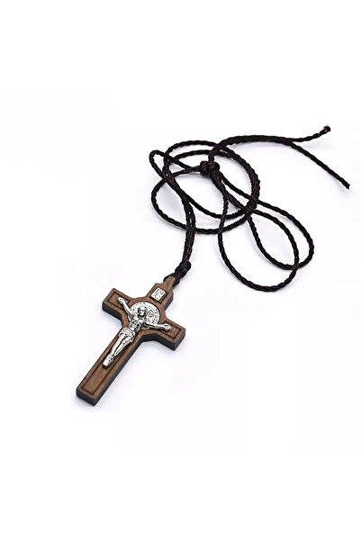 EFAYN.RO Wooden cross with silver metal insert, with adjustable cord, unisex,...