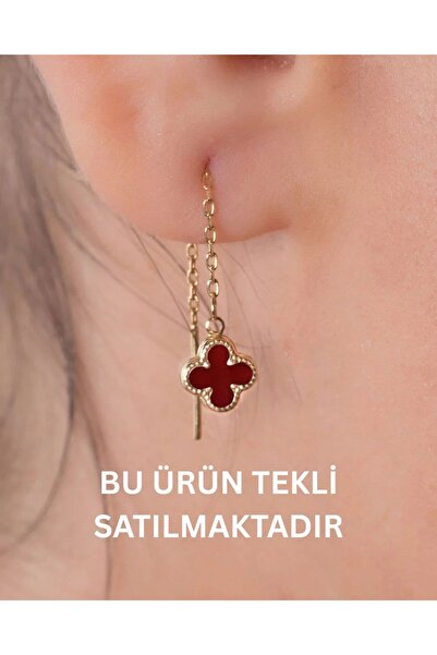 YCL JEWELLERY (TEKLİ) 14 Ayar Altın Bordo Sallantılı Yonca Küpe