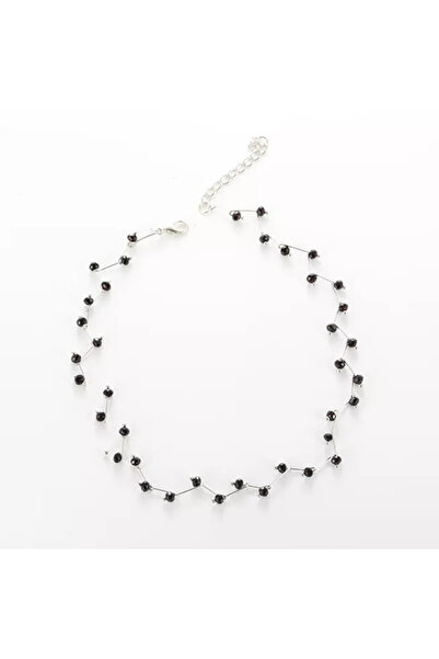 EFAYN.RO Women's necklace, choker model, silver, with black crystals, adjusta...