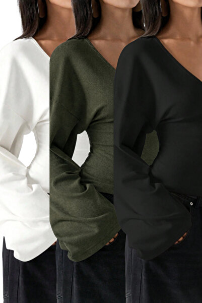 Tarz Cool Дамска блуза с V-образно деколте, дълги ръкави и прилепваща талия, ...