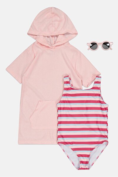 L&J Swim Club Toddlers Girl 3 Pieces Stripe One Piece And Hoodie Set With Sun...