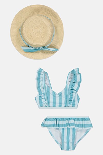 L&J Swim Club Toddlers Girl 3 Pieces Stripe Bikini Top And Bottom Set With St...