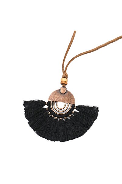 EFAYN.RO Colier lung, pentru femei, model evantai, prindere pe snur, negru, E...