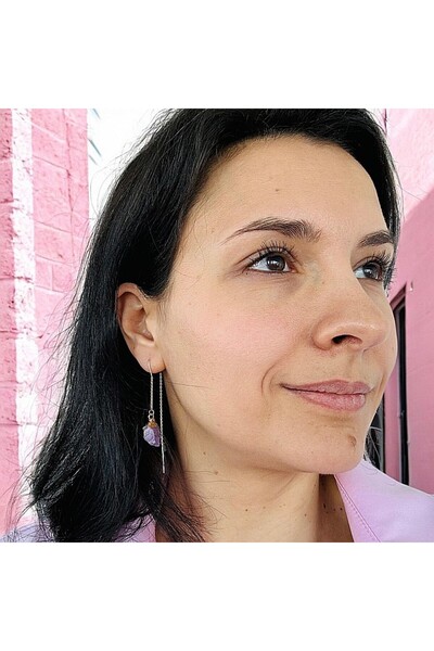 Ezera Elegant Long Drop Earrings Elara with Raw Amethyst Crystal Plated with ...