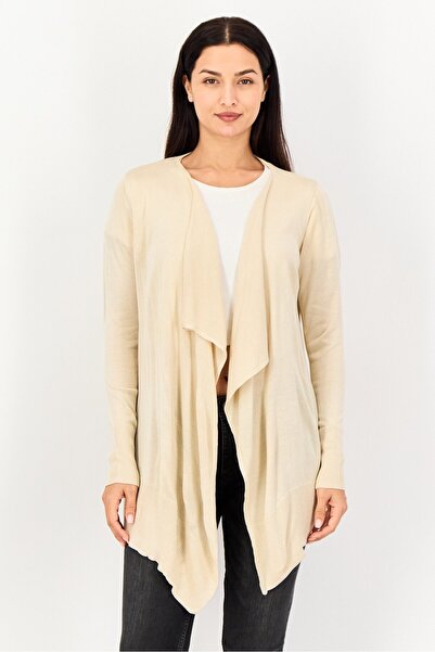 Amara Reya Women Split Neck Textured Long Sleeve Cardigan, Beige