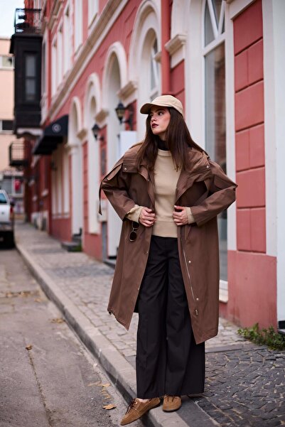 Setre Bitter Brown Collar Detailed Relaxed Fit Trench Coat