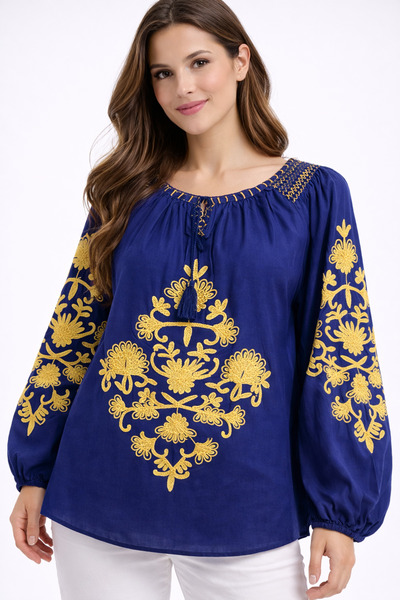 Nobrand Traditional royal blue ladies' dress with gold embroidery - authentic...