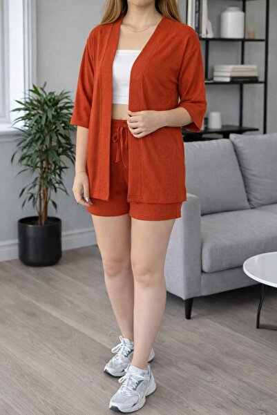 BRLKN Women's Wrinkled Kimono Shorts Top and Bottom Set