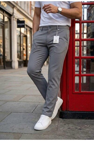 MODAMESTO Men's Smoked Slim Fit Stretch Fabric Plain Fabric Trousers