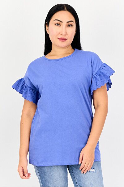 Amara Reya Women Crew Neck Ruffle Sleeve Plain T-Shirt, Blue