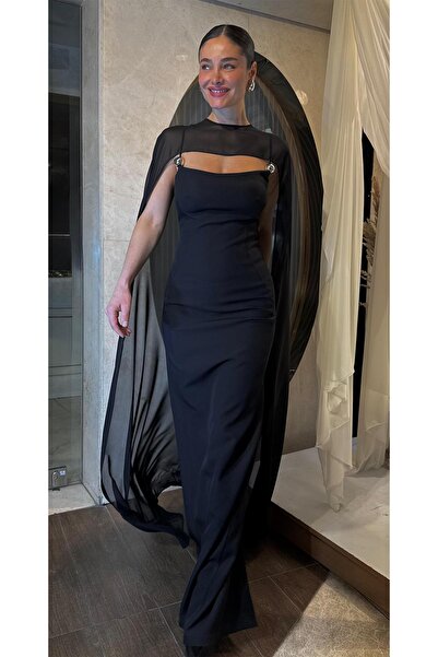 SpringStore Siyah Şifon Pelerinli Krep Abiye