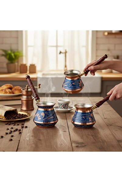 Yardımcı Bakır Since 1997 Copper 3-Piece Enamel-Engraved Corner Coffee Pot