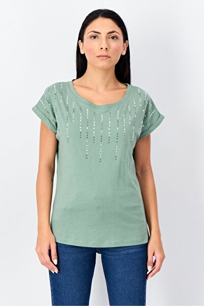 Amara Reya Women Round Neck Cap Sleeves Metallic T-Shirt, Pink, Sage Green