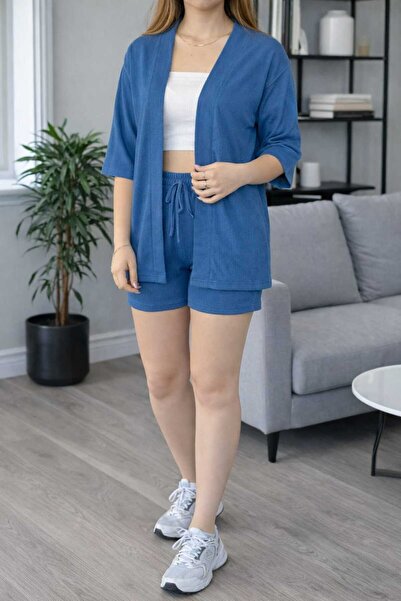 BRLKN Women's Wrinkled Kimono Shorts Top and Bottom Set