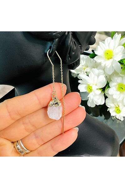 Ezera Elegant Drop Earrings Elara with Raw Rose Quartz Plated with Gold