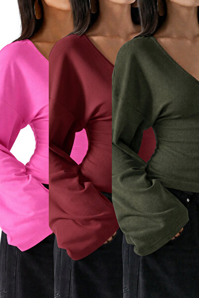 Tarz Cool بلوزة نسائية مكونة من 3 قطع برقبة على شكل حرف V وأكمام طويلة ومقاس ...