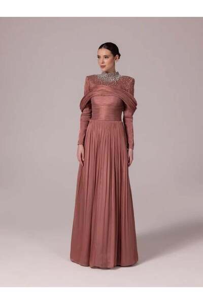 Kenzel Yakası Taş İşlemeli Pliseli Kabarık Tesettür Abiye Elbise