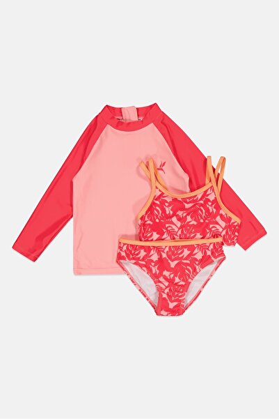 L&J Swim Club Toddlers Girl 3 Pieces Floral Print Swim Top And Bottom Set Wit...