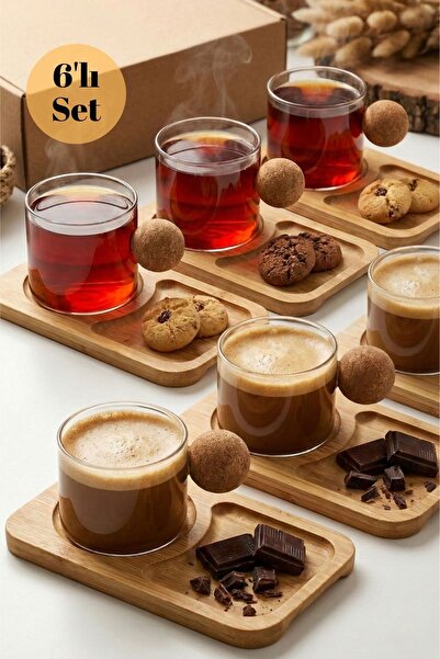 HUBBYCHEF 6'lı Bambu Tabaklı Espresso Kahve Bardağı Takımı