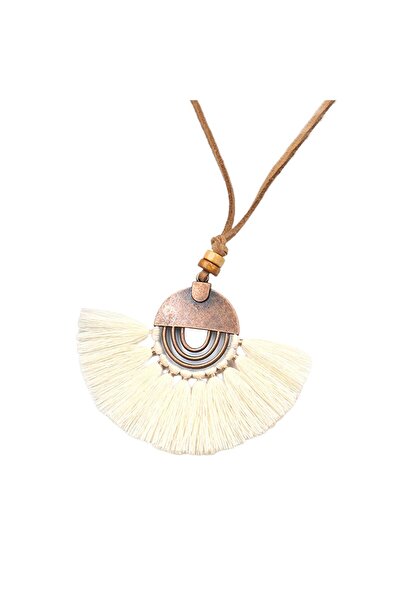 EFAYN.RO Long necklace, for women, fan pattern, string fastening, white, EFAYN