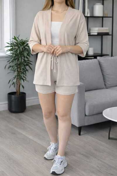 BRLKN Women's Wrinkled Kimono Shorts Top and Bottom Set