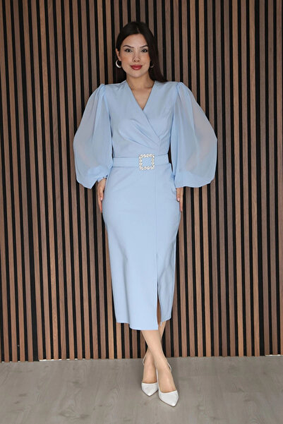 lodmela διπλό πέτο Βραδινό Φόρεμα με Μανίκια Μπαλόνι άνοιγμα 2315-Μπλε του Βρ...